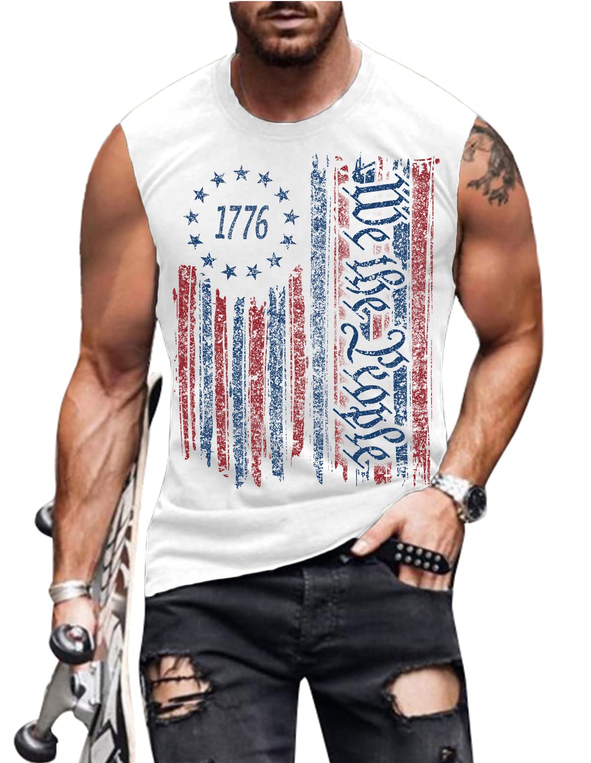 4th of July Shirts Mens Muscle Tank Top 1776 Sleeveless Graphic Gym Workout American Flag Shirt
