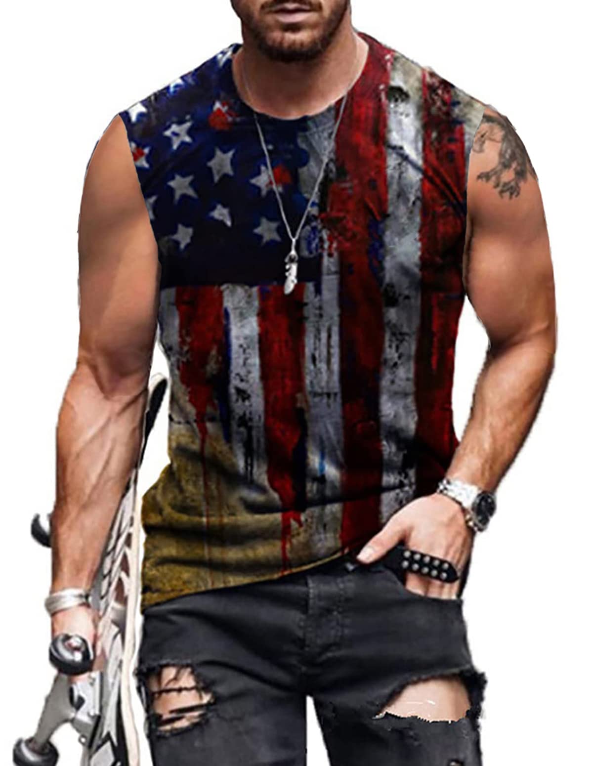 4th of July Shirts Mens Muscle Tank Top 1776 Sleeveless Graphic Gym Workout American Flag Shirt