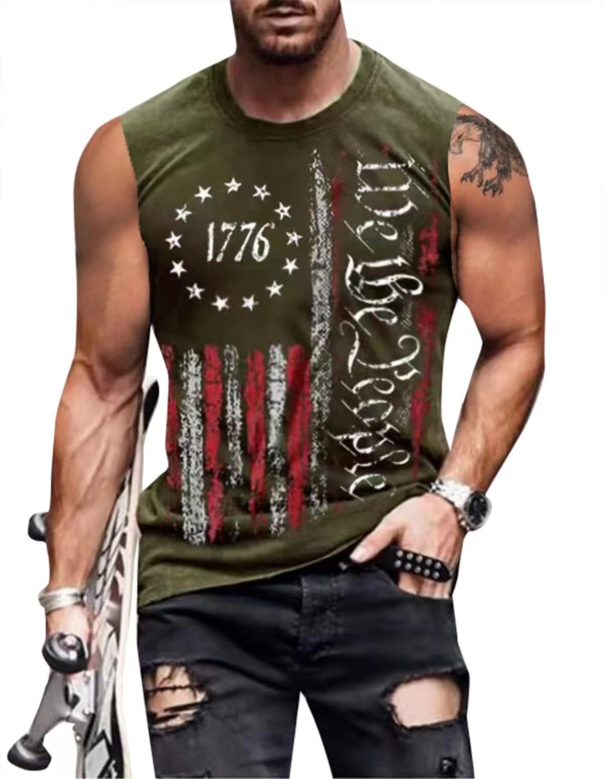 4th of July Shirts Mens Muscle Tank Top 1776 Sleeveless Graphic Gym Workout American Flag Shirt