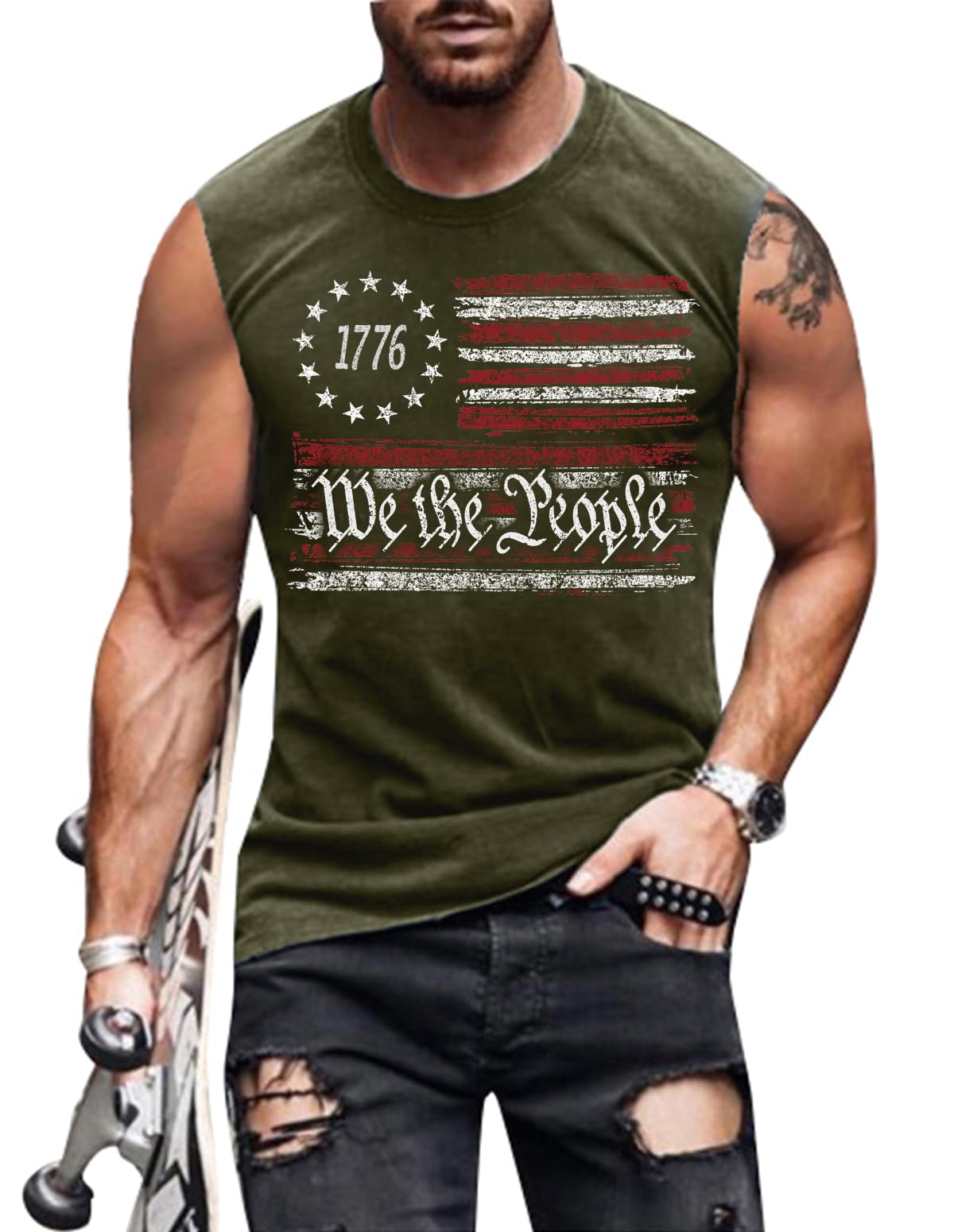 4th of July Shirts Mens Muscle Tank Top 1776 Sleeveless Graphic Gym Workout American Flag Shirt