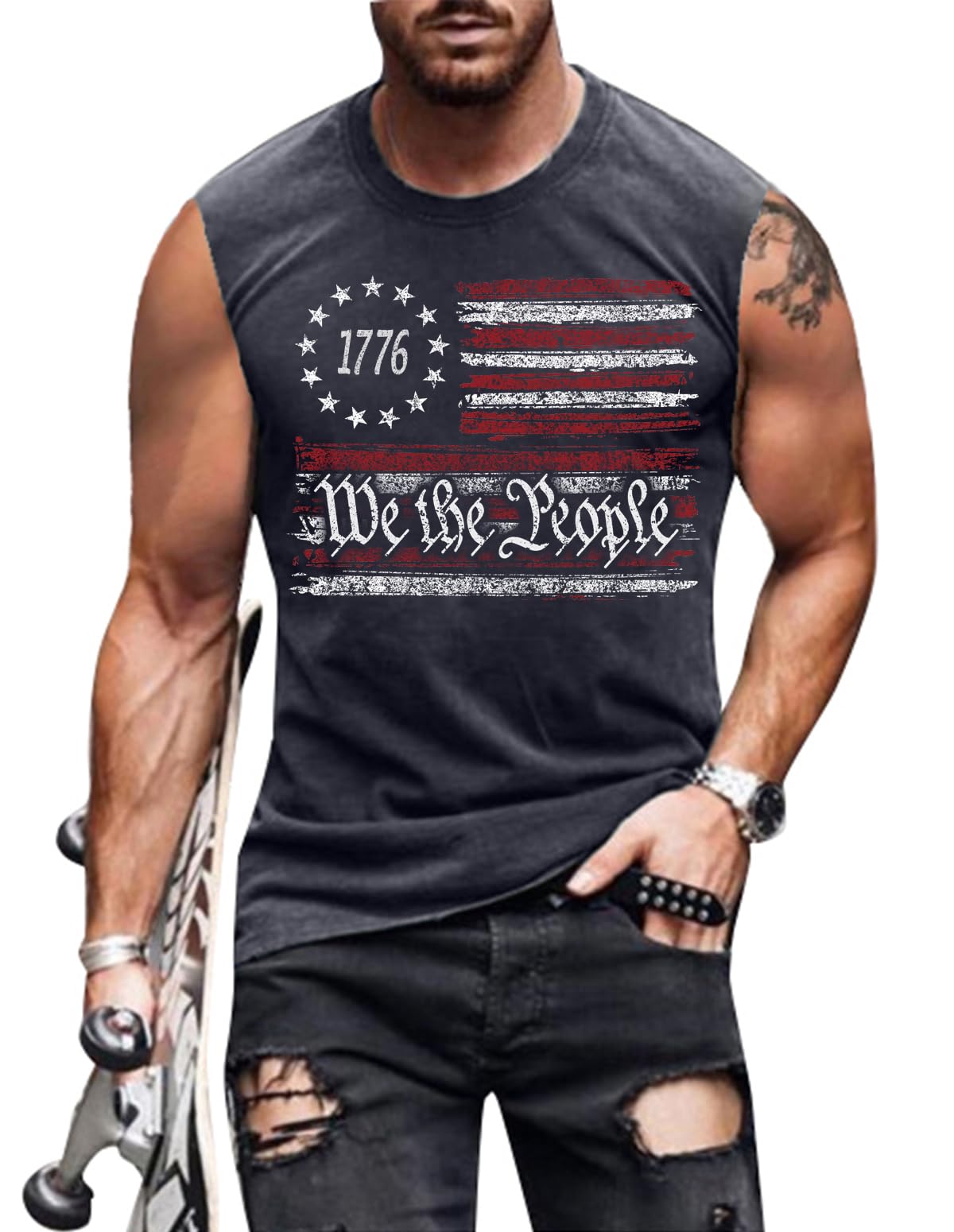 4th of July Shirts Mens Muscle Tank Top 1776 Sleeveless Graphic Gym Workout American Flag Shirt